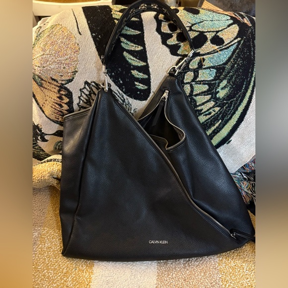 Calvin Klein Geo Rocky Road Tote Bag, Black w/ Metal Detail Shoulder Strap - Picture 9 of 10